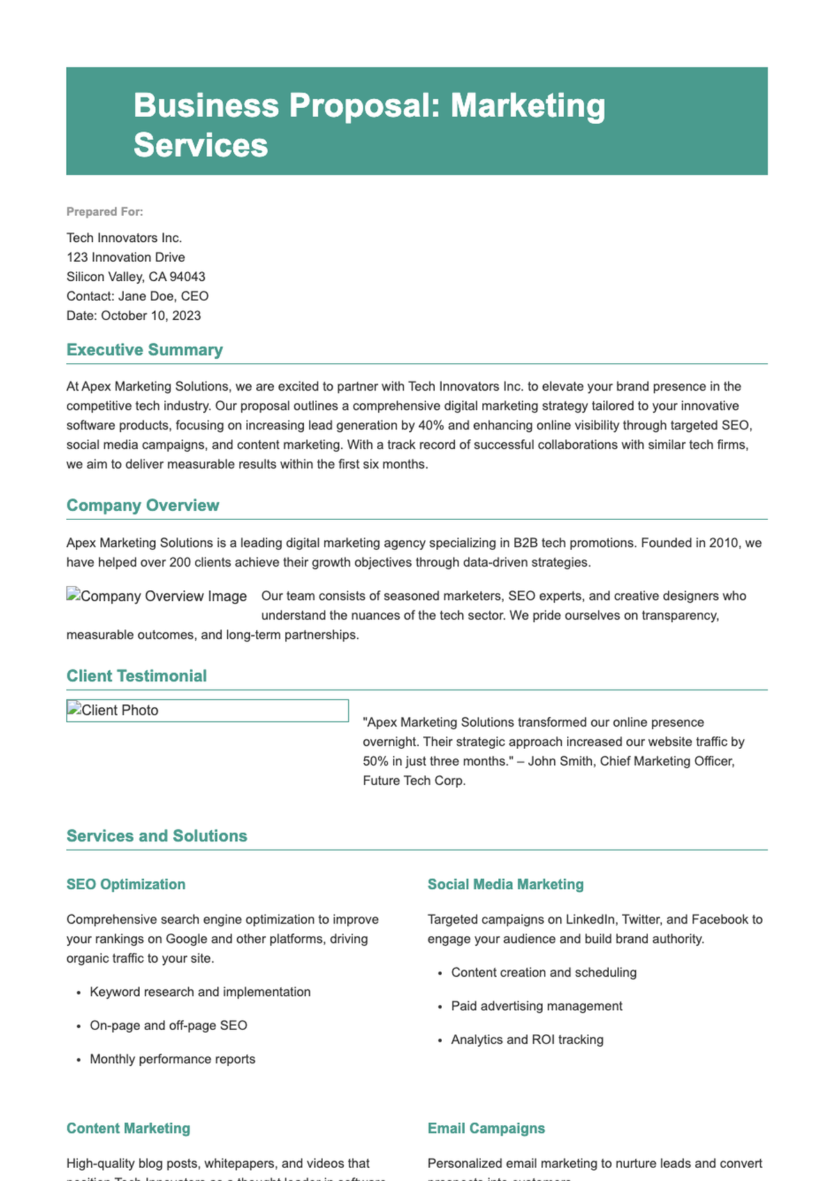 Modern business proposal template with green header and client testimonial section_variant_1